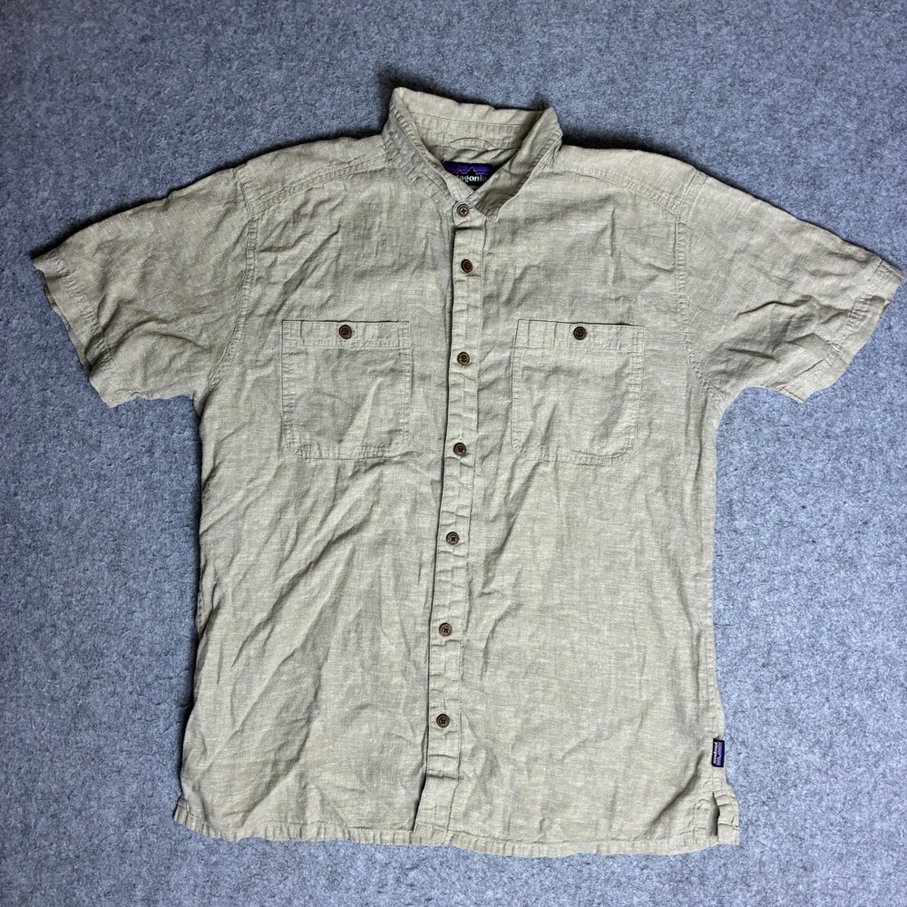 Patagonia Mens Large Tan Hemp Organic Cotton Short Sleeve Button Down Shirt